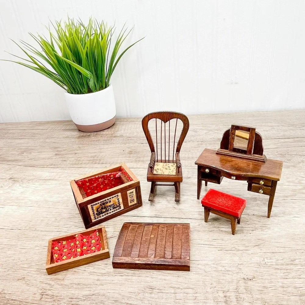 Miniature wooden dollhouse Vanity with Mirror & Stool, Chest, & Rocking Chair